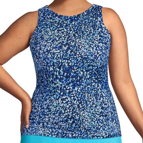 Land's End high Modest neck Tankini Top Soft cup Navy Turquoise Mosaic Dot Var - Picture 2 of 5